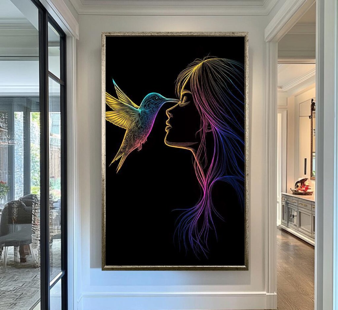 Neon Hummingbird Woman Silhouette Colorful Line Art Black Wall Art