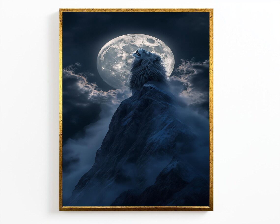 Blue Lion Moon Mountain Night Mystical Wildlife Fantasy Art Poster - Image 4