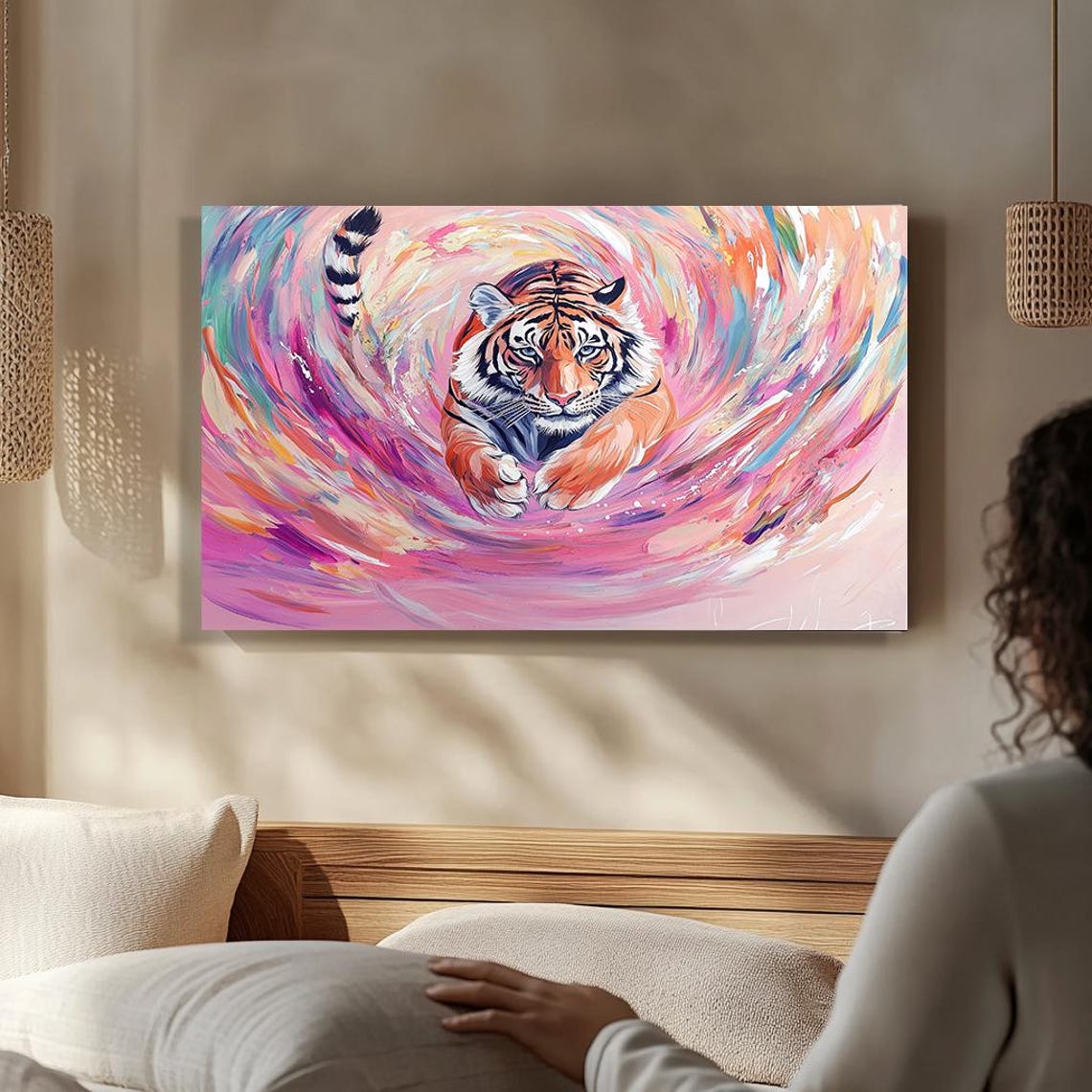 Dynamic Tiger Leaping Pink Vortex Colorful Abstract Wildlife Poster - Image 2