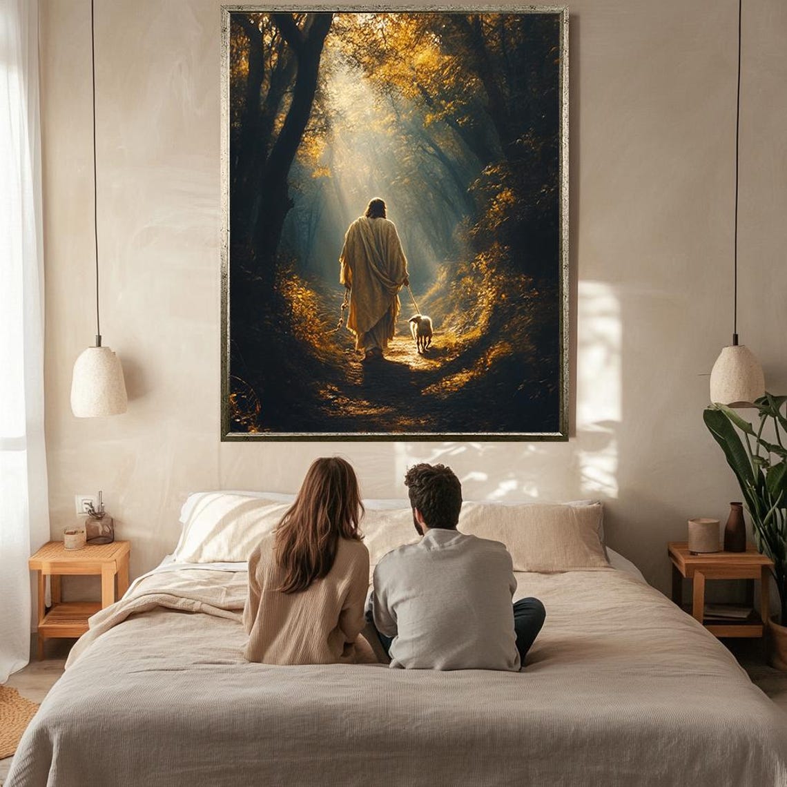 Jesus Christ Walking With Lamb On Sunlit Forest Trail Christian Poster - Image 2