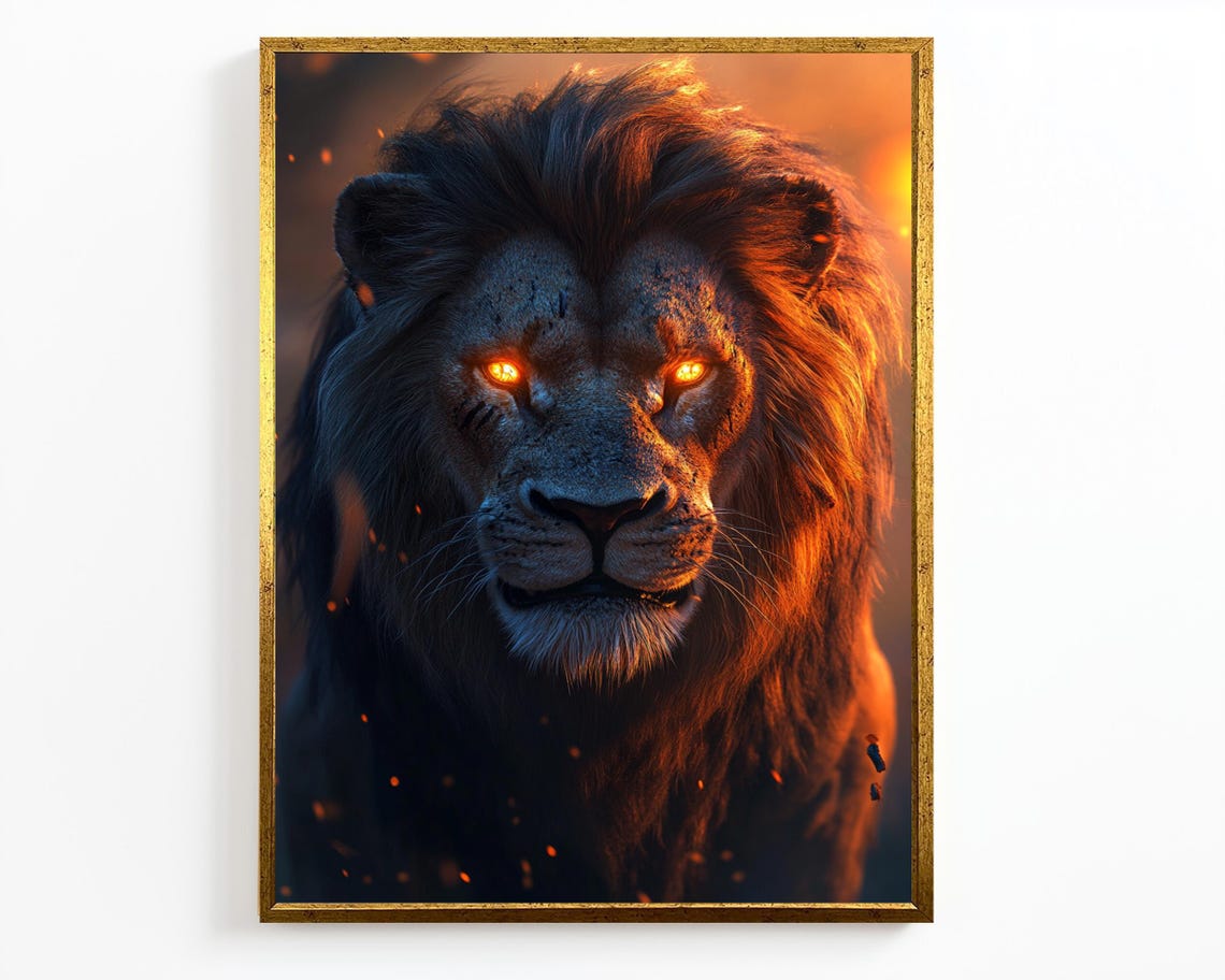 Fiery Lion Portrait Glowing Orange Eyes Dark Dramatic Mane Wall Art - Image 4