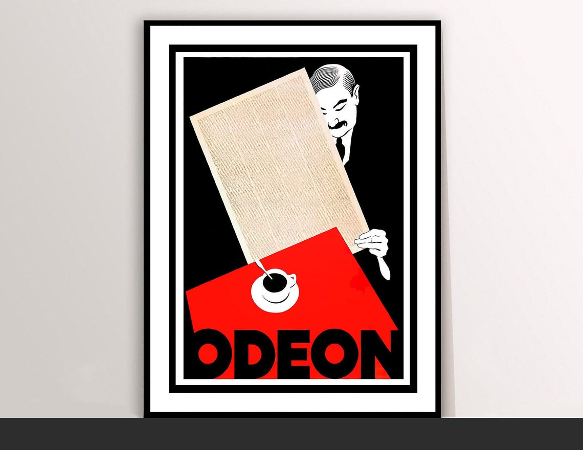 Cafe Odeon Vintage Art Deco Coffee Newspaper Black Red Poster
