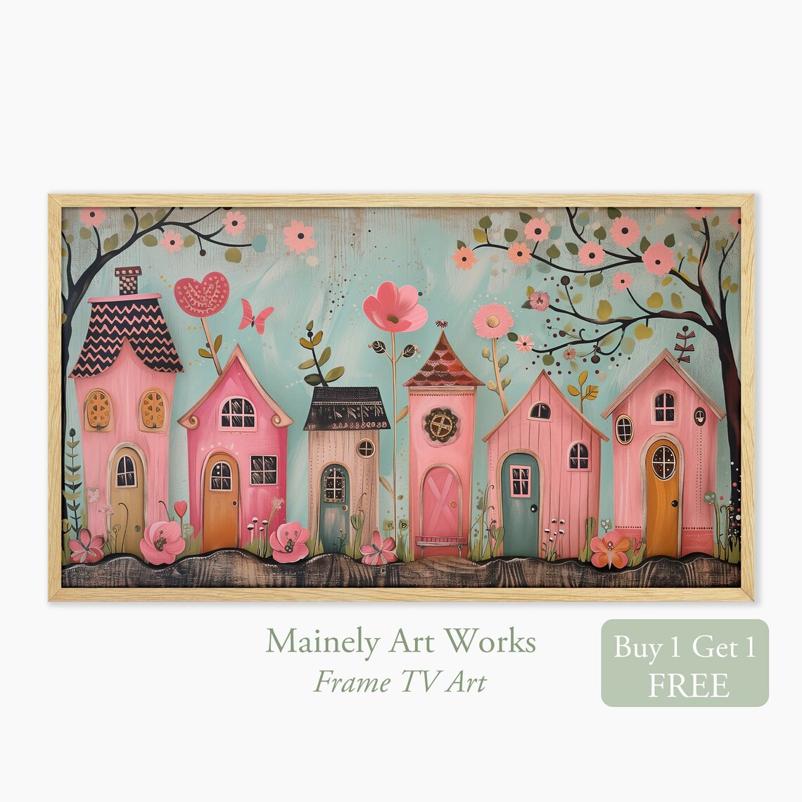Valentine Pink Houses Folk Art Style Art Print