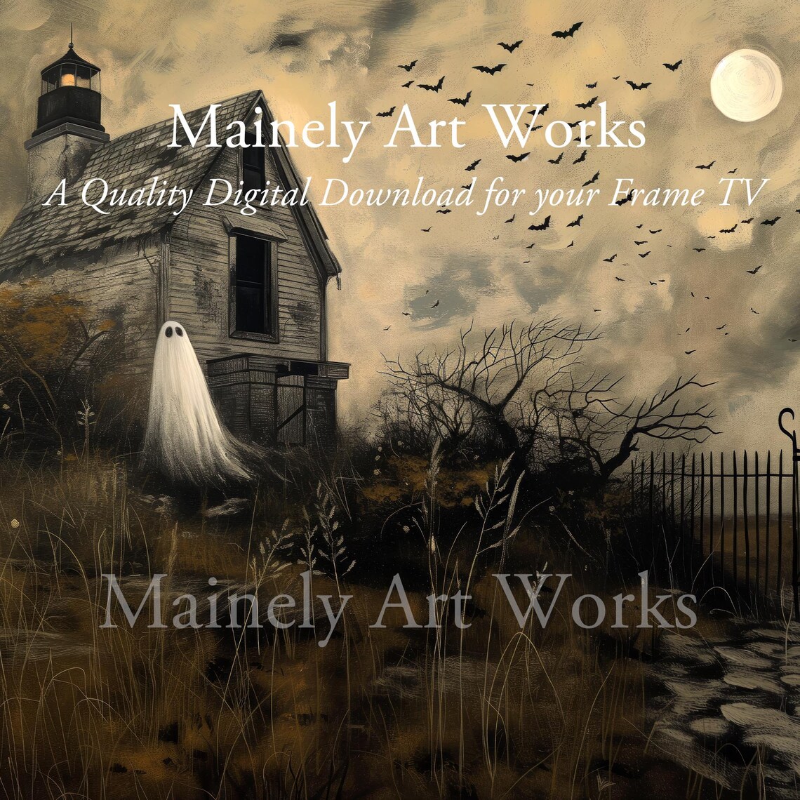 Spooky Lighthouse Ghost With Bats Full Moon Vintage Halloween Wall Art Print - Image 3
