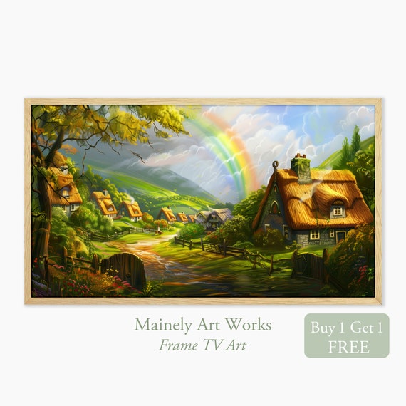 St Patricks Day Art For Frame Tv Village Painting Frame Tv Rainbow Art Old Time Country Homes Irish Landscape