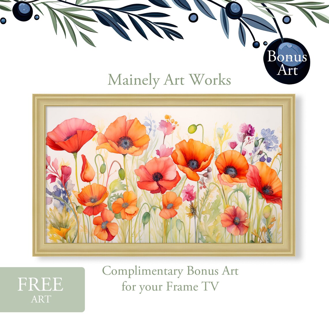 Coral Red Poppy Field Watercolor Flower Art Living Room Poster - Image 2