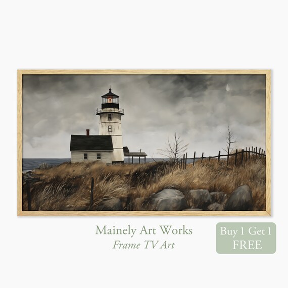 White Lighthouse On Rocky Coast Stormy Sky Coastal New England Wall Art Print