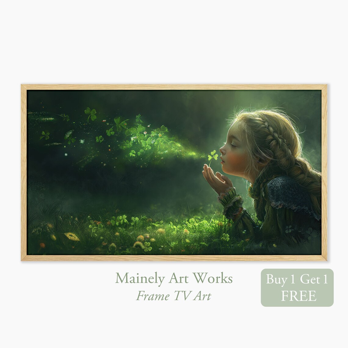 Girl Blowing Glowing Shamrock Fairy Dust Magical Night Forest Wall Poster