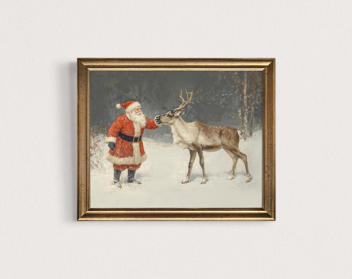 Vintage Santa Claus Reindeer Snowy Forest Christmas Art Poster - Image 2