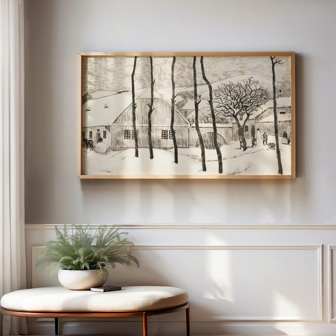 Vintage Sepia Winter Village Snowy Barn Horse Sleigh Drawing Poster - Image 2