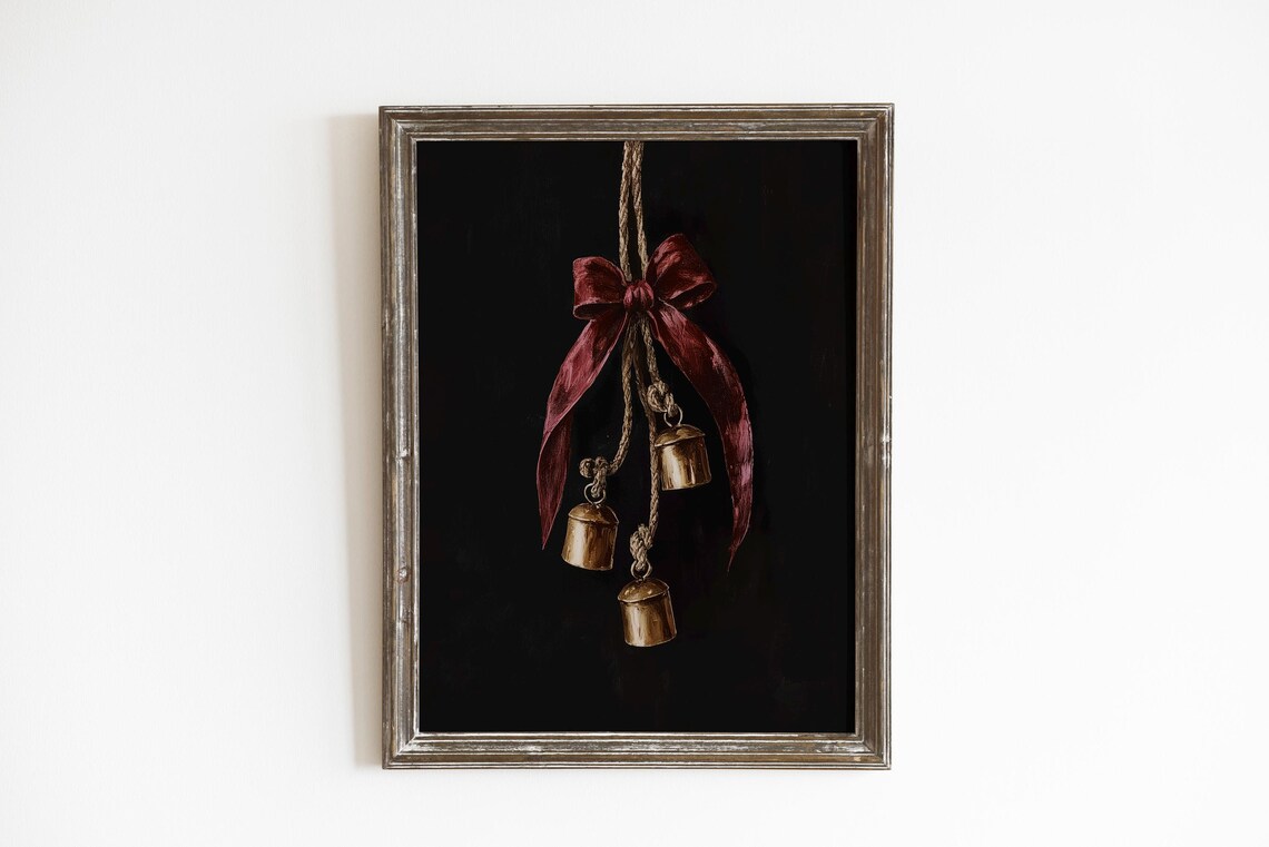 Brass Christmas Bells Burgundy Bow Moody Black Holiday Poster - Image 3