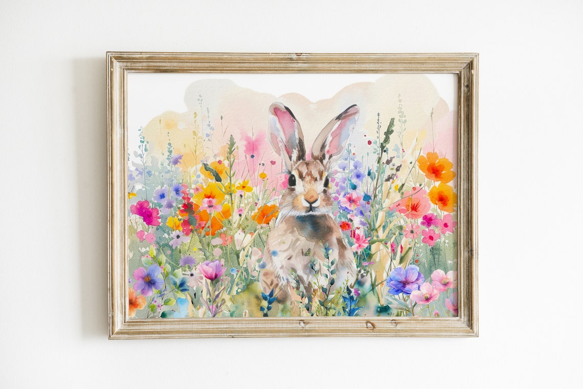 Spring Bunny Watercolor Wildflowers Poster Easter Bunny Nursery Art - Image 3