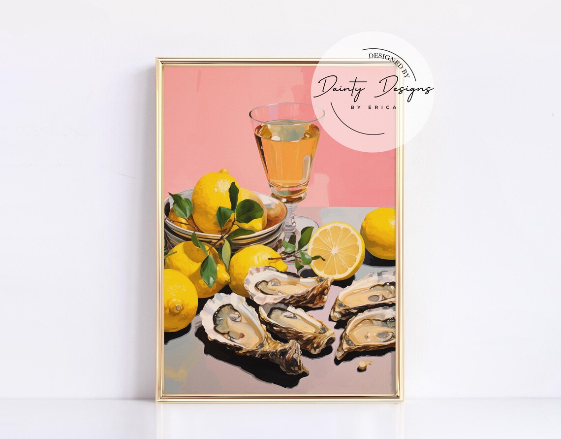 Oysters and Lemons Painting Wine Glass Pink Coastal Kitchen Print - Image 4