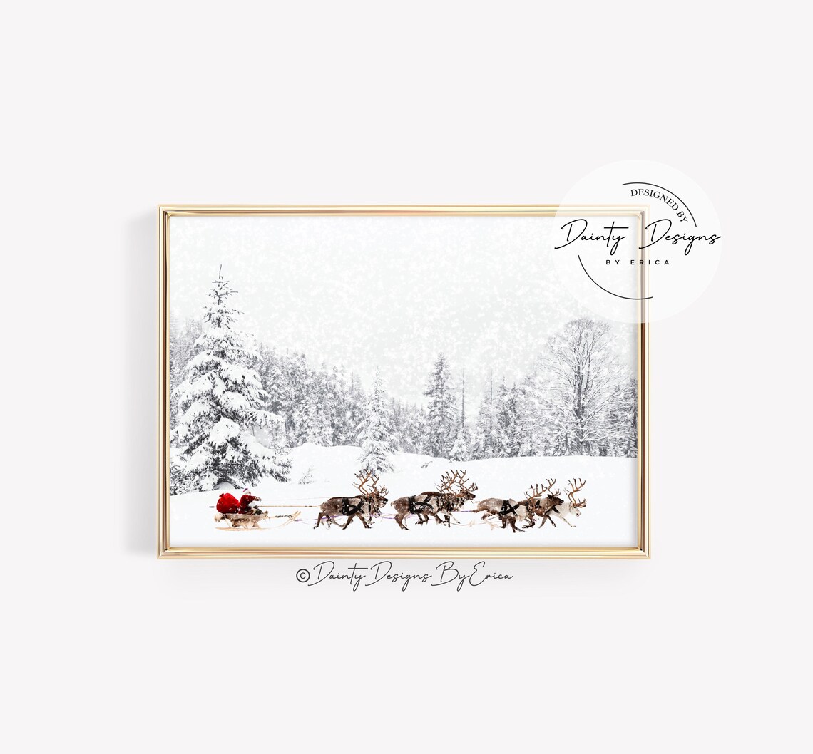 Santa Sleigh Reindeer Team Snowy Winter Forest Beautiful Poster - Image 2