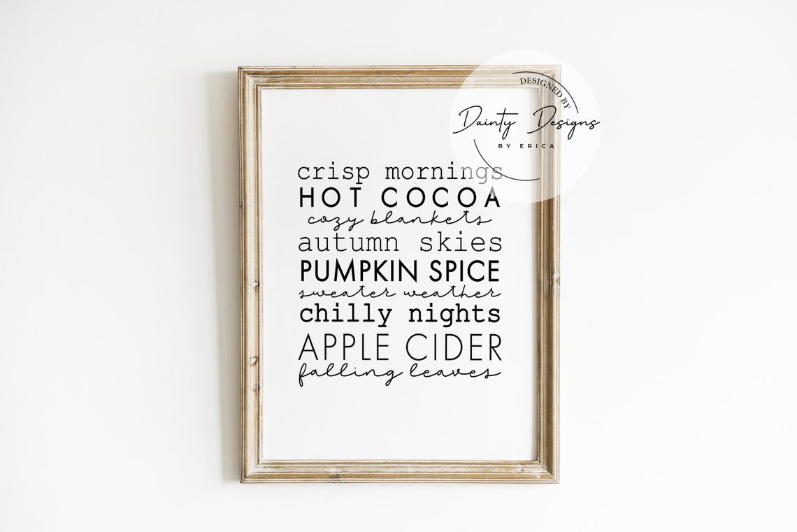 Fall Words List Hot Cocoa Apple Cider Autumn Typography Poster