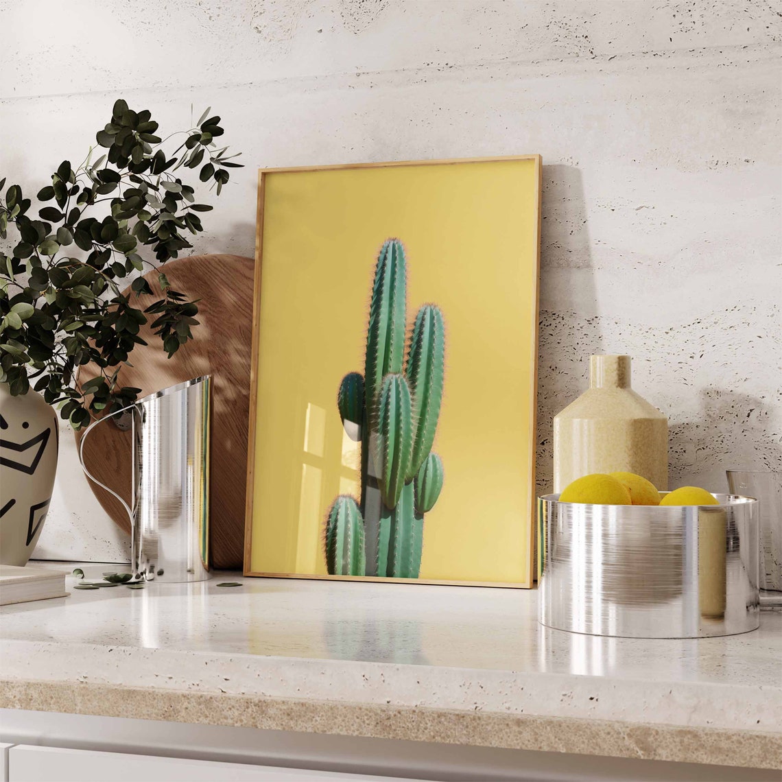 Minimalist Single Columnar Cactus on a Solid Yellow Background Poster - Image 2