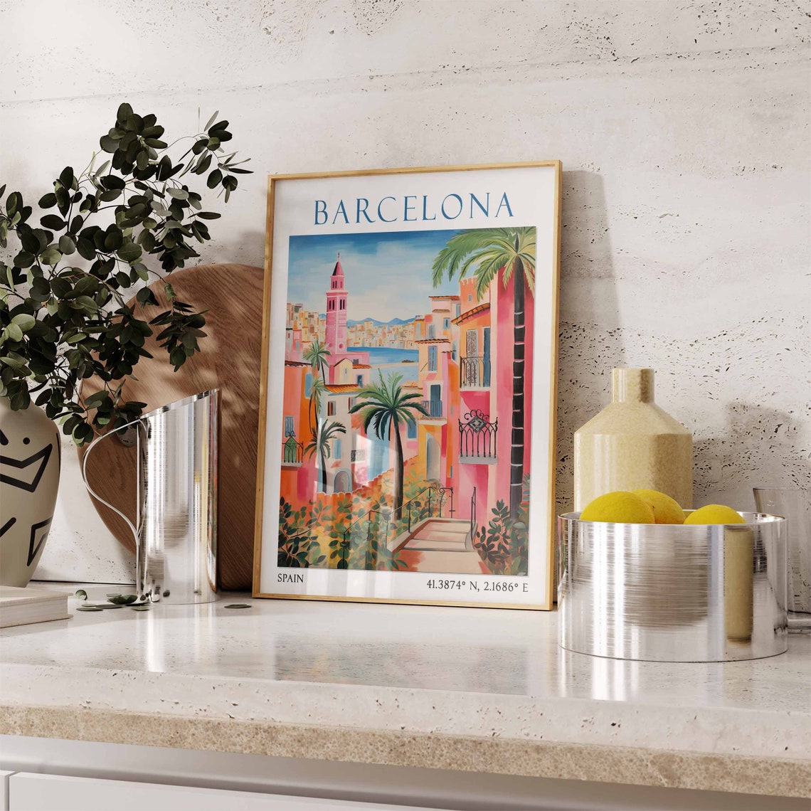 Palm-Lined Steps Down to the Sea in Barcelona Spain Travel Poster - Image 3