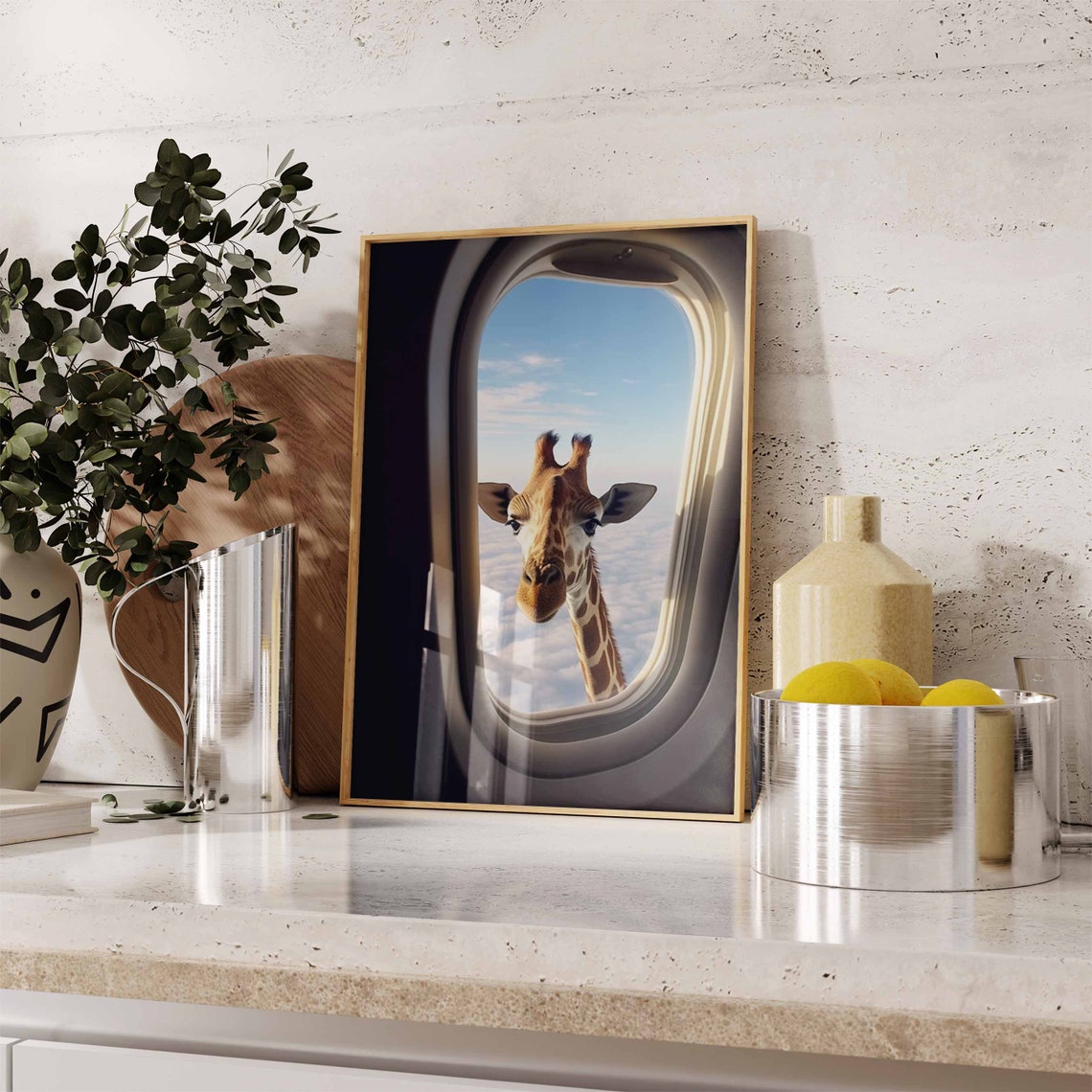 Curious Giraffe Peering Into an Airplane Window in the Sky Poster - Image 2
