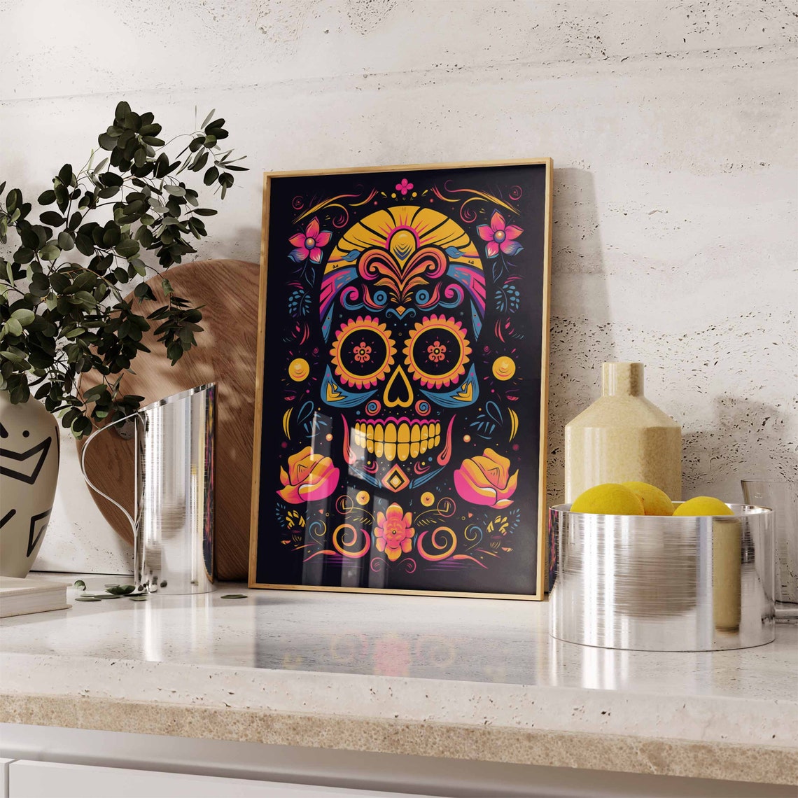Orange Sugar Skull Sunrise Forehead Poster with Roses on Black - Image 2