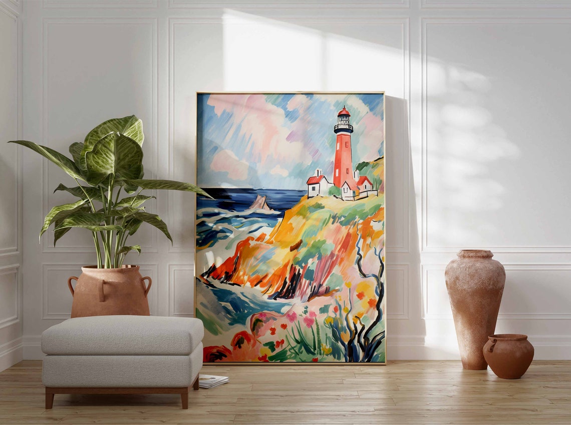 Red Lighthouse on a Fauvist Painted Rocky Coastal Cliff Poster - Image 3