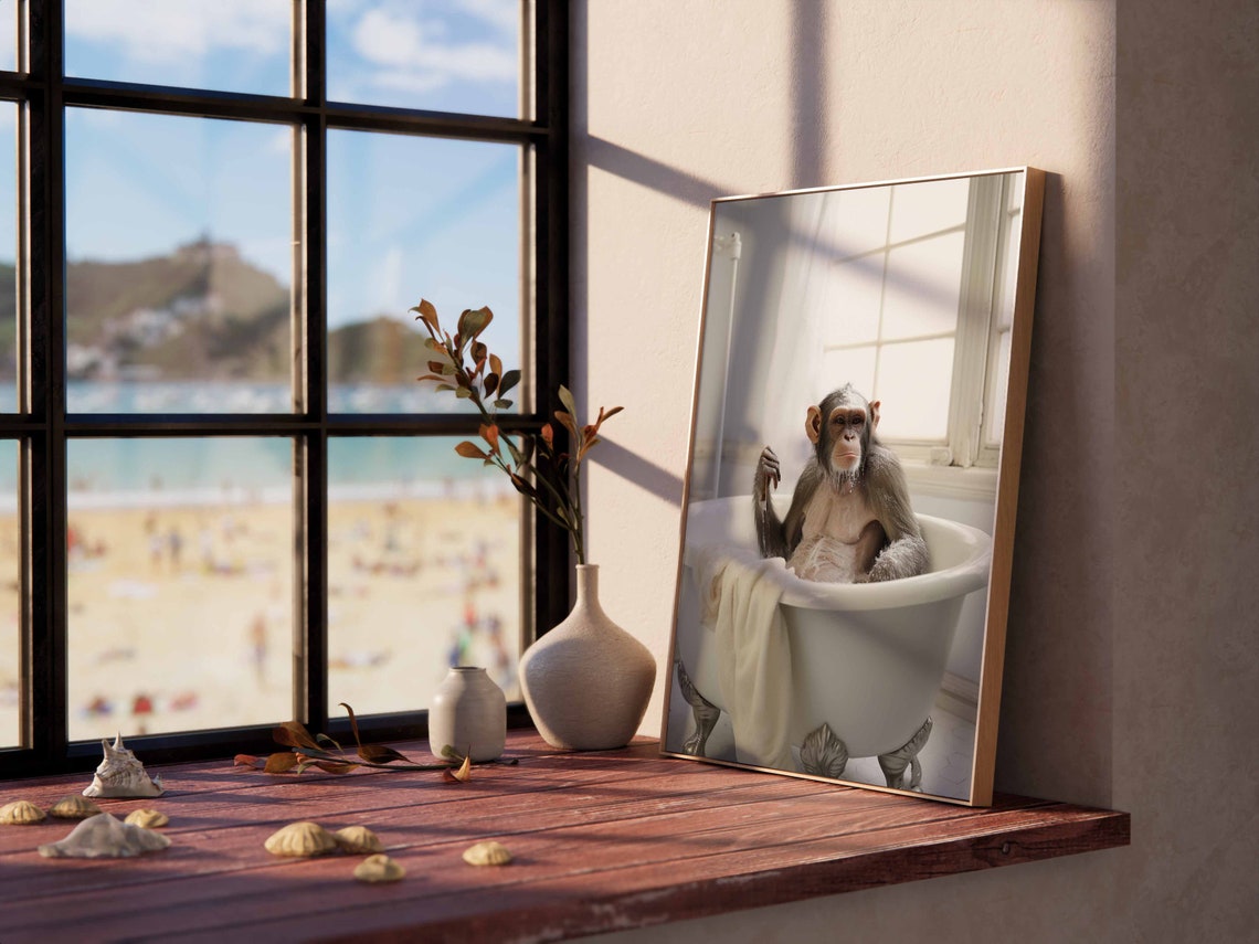 Relaxed Chimpanzee Soaking In A Soapy White Bathtub Spa Poster - Image 2