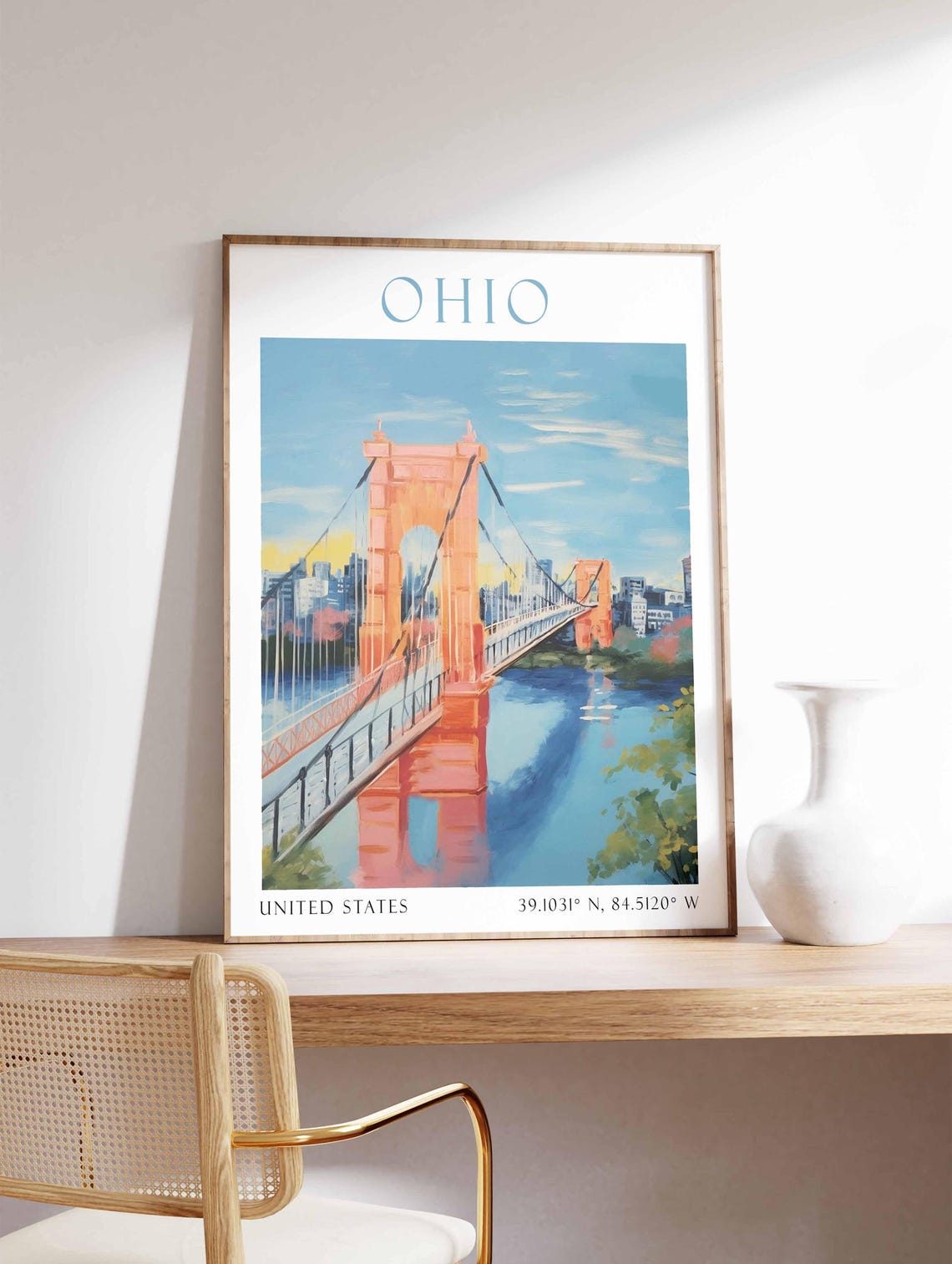 Ohio Roebling Bridge Cincinnati Skyline Watercolor Travel Poster - Image 4