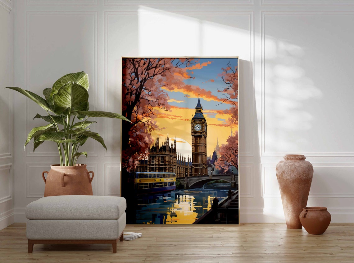 Big Ben Sunset Vintage Style Golden Hour London Travel Poster - Image 3