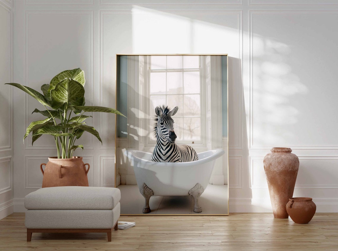 Zebra Sitting in a White Clawfoot Bathtub Funny Bathroom Poster - Image 3