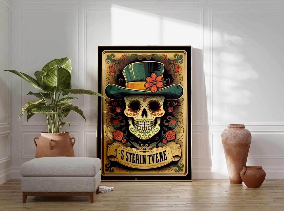 Top Hat Sugar Skull Vintage Banner Day of Dead Gentleman Poster - Image 3