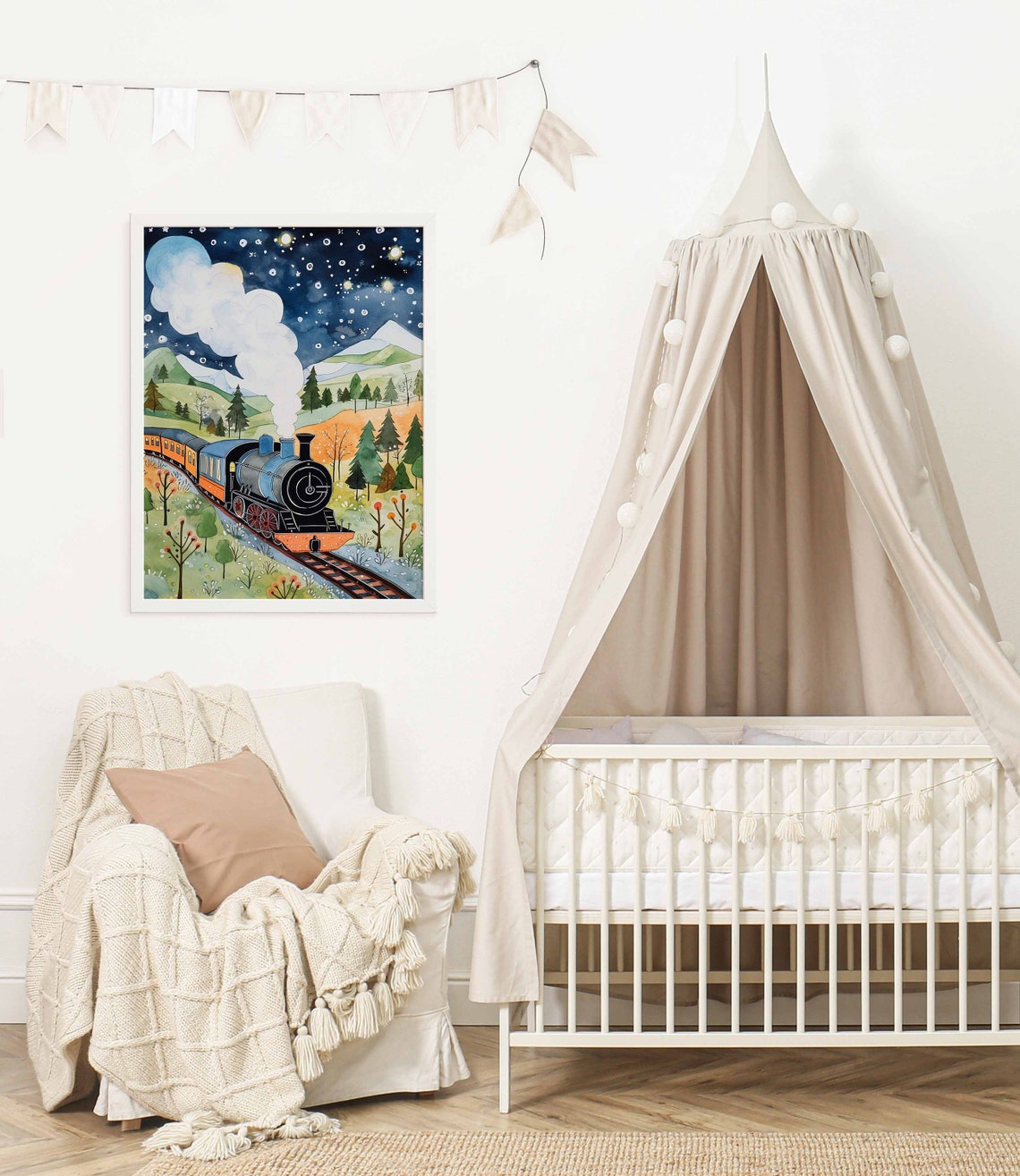 Magical Night Train Journey Under Starry Sky Poster Green Hills - Image 2