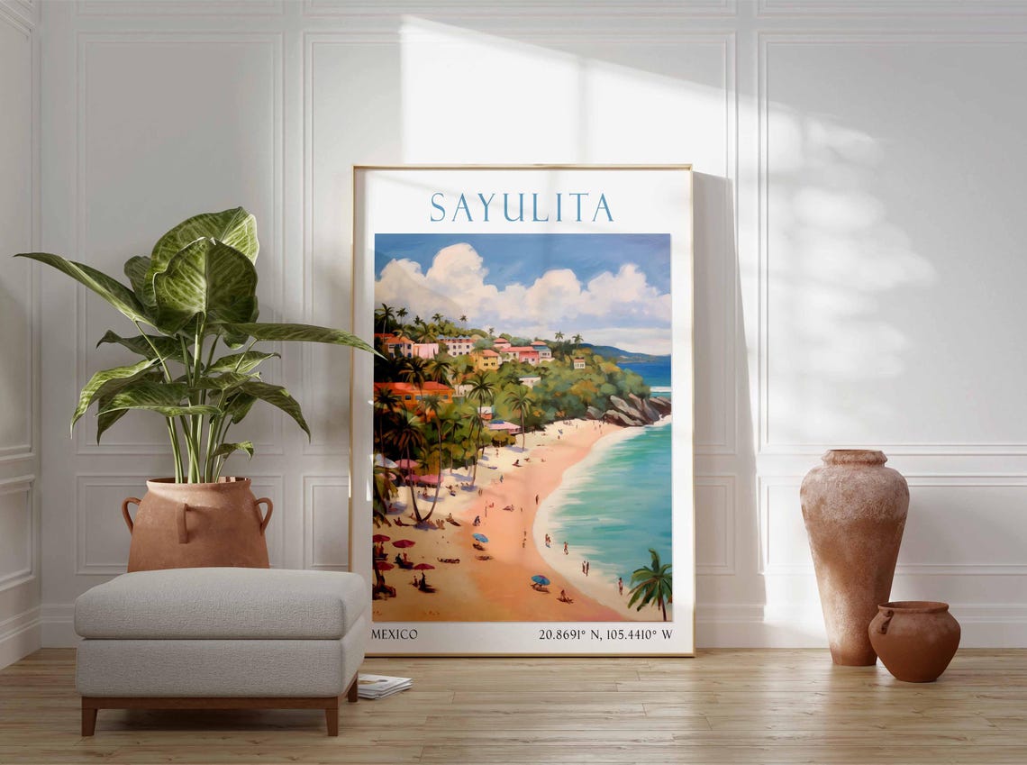 Sayulita Mexico Beach Palm Umbrellas Hillside Village Poster - Image 2