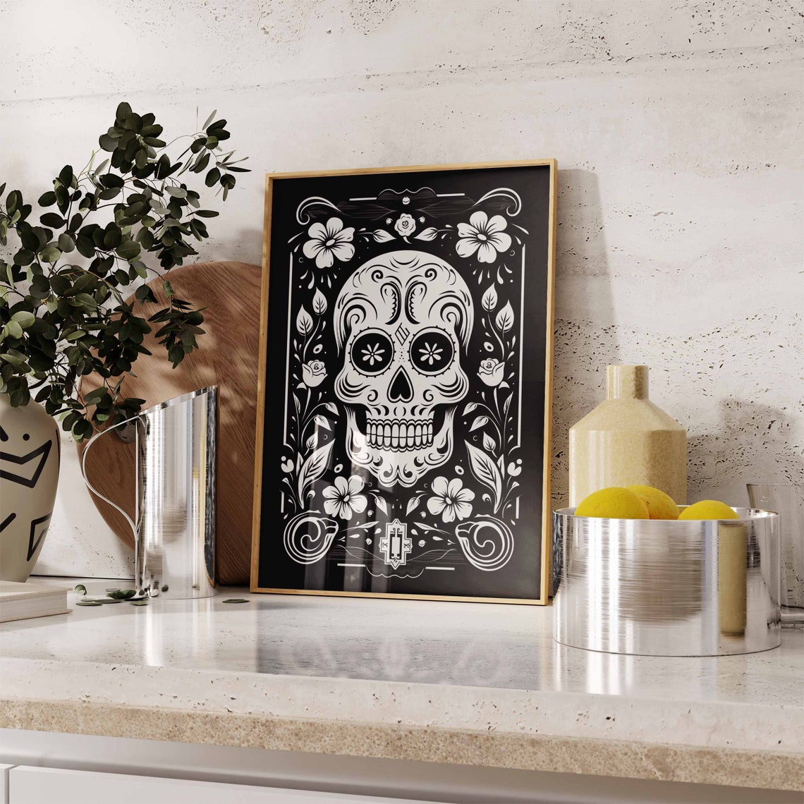 Black and White Sugar Skull Floral Ornament Linocut Wall Art - Image 2