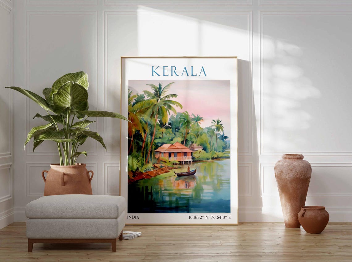Kerala India Backwater Houseboat Palms Canoe River Travel Poster - Image 3