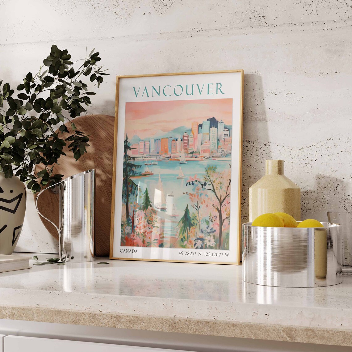 Vancouver Harbor Skyline Sailboats Blossom Canada Travel Poster - Image 2