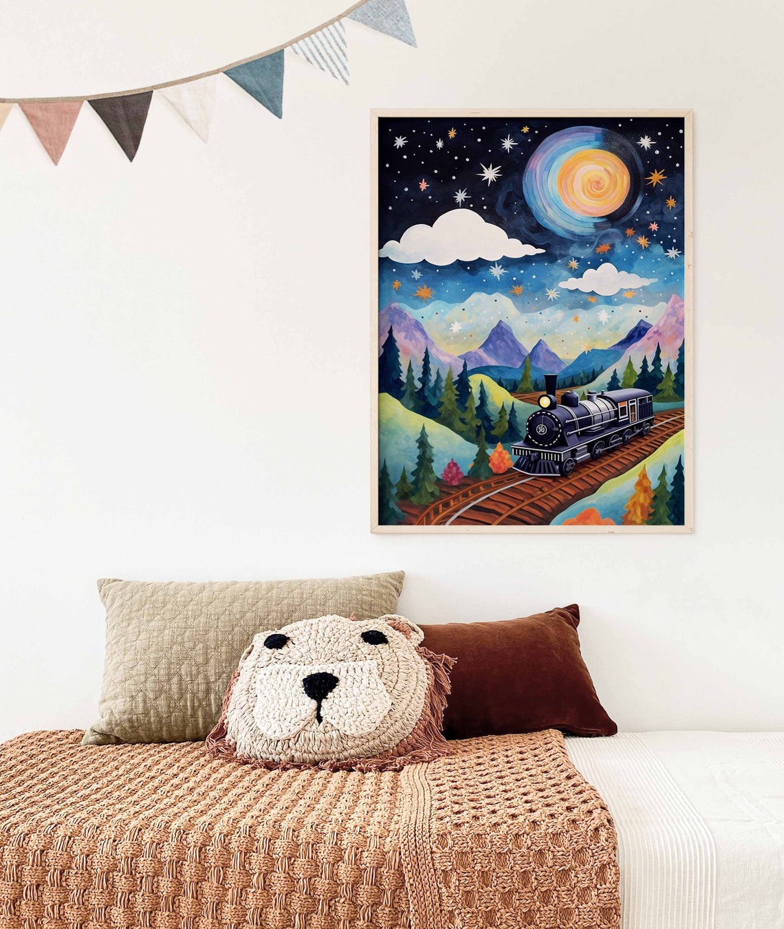Steam Train Starry Night Dark Purple Mountains Forest Moon Poster - Image 2
