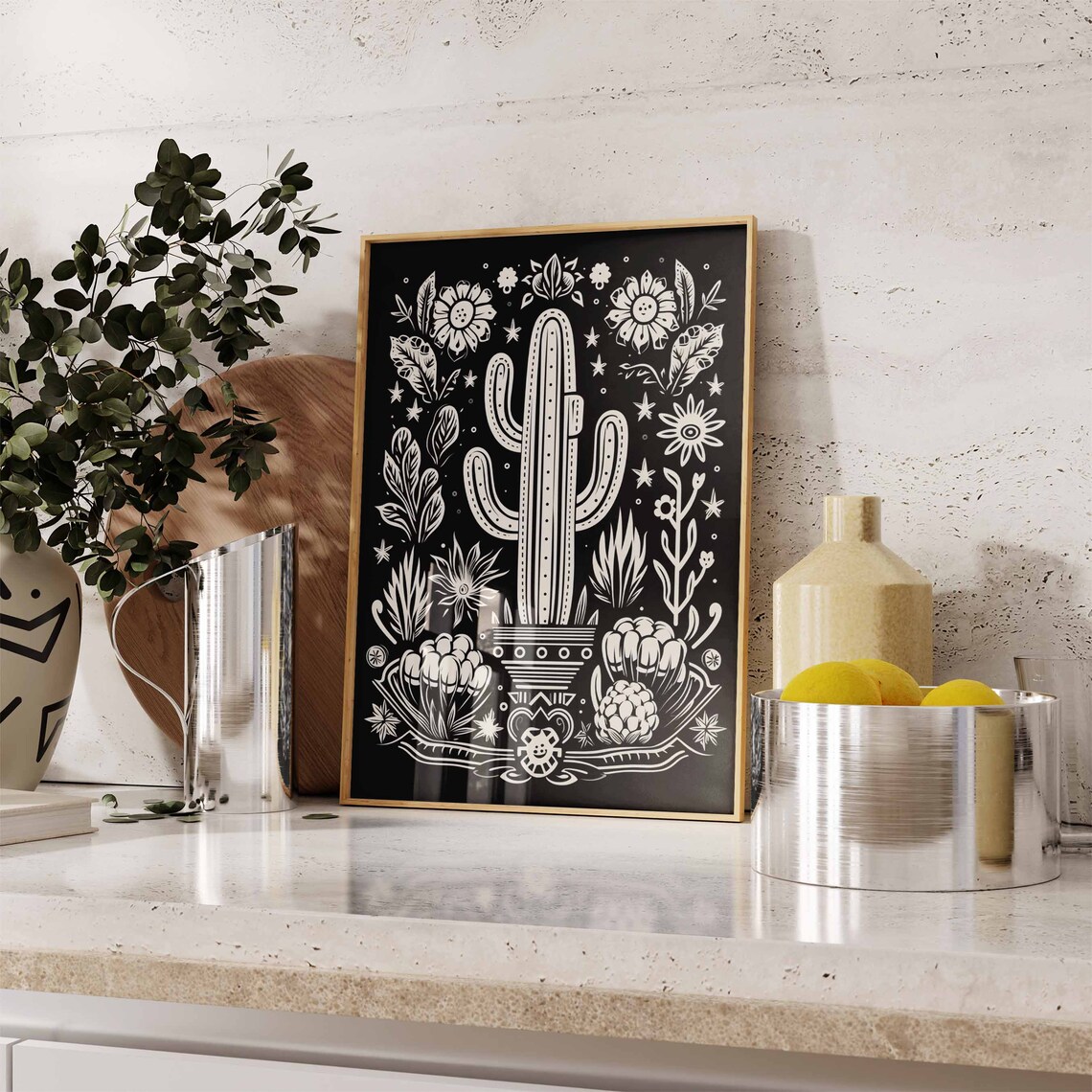 Black and White Saguaro Cactus Folk Linocut Desert Plant Wall Art - Image 2