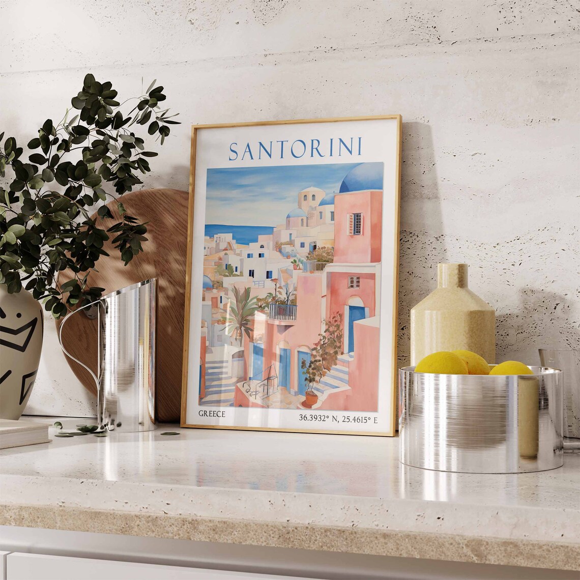 Santorini Pink Village Blue Domes Sea View Watercolor Travel Poster - Image 3