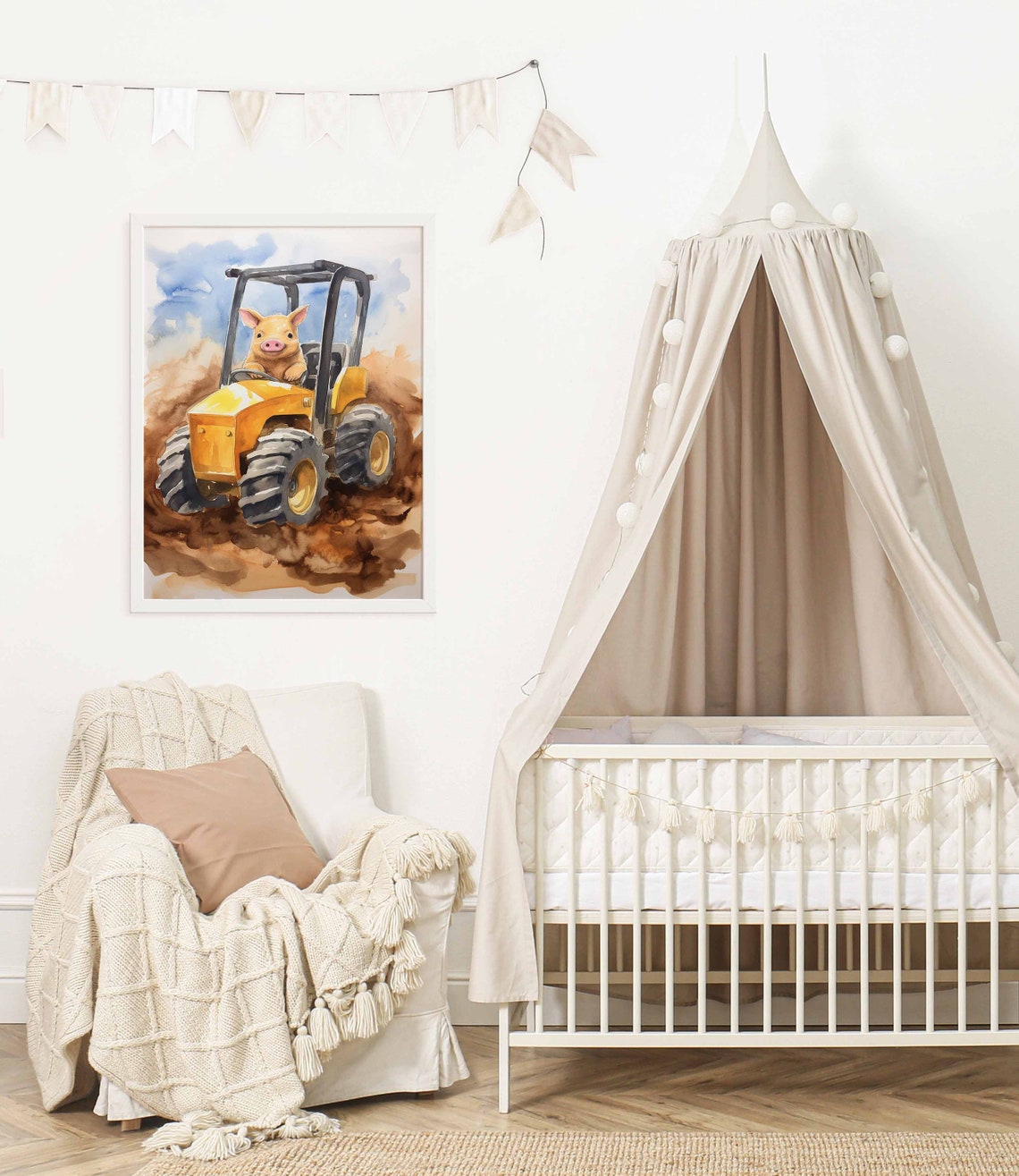 Playful Pig Driving Yellow Tractor Through Mud Poster for Kids - Image 2
