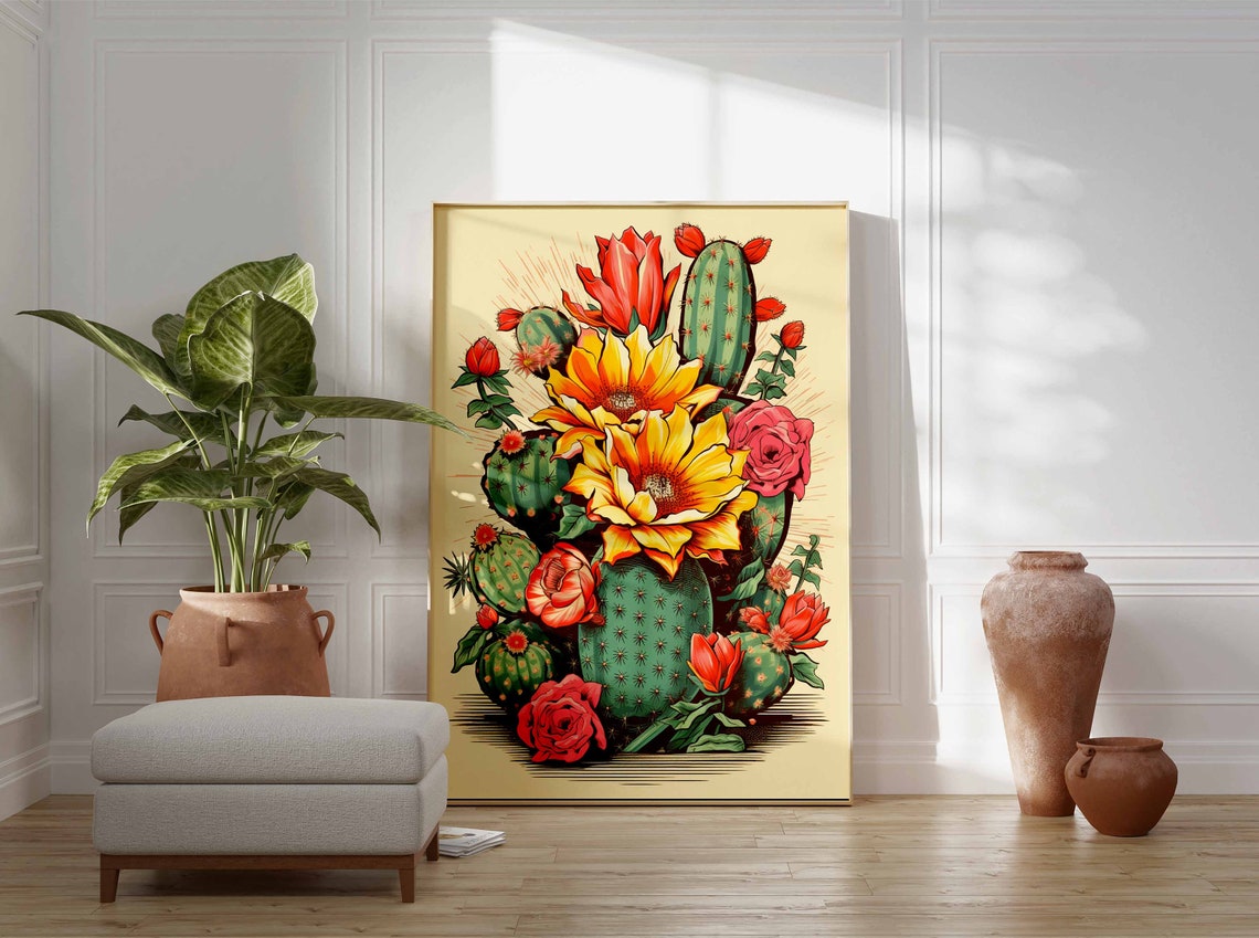 Blooming Cactus Vintage Engraving Style Yellow Flower Botanical Poster - Image 3