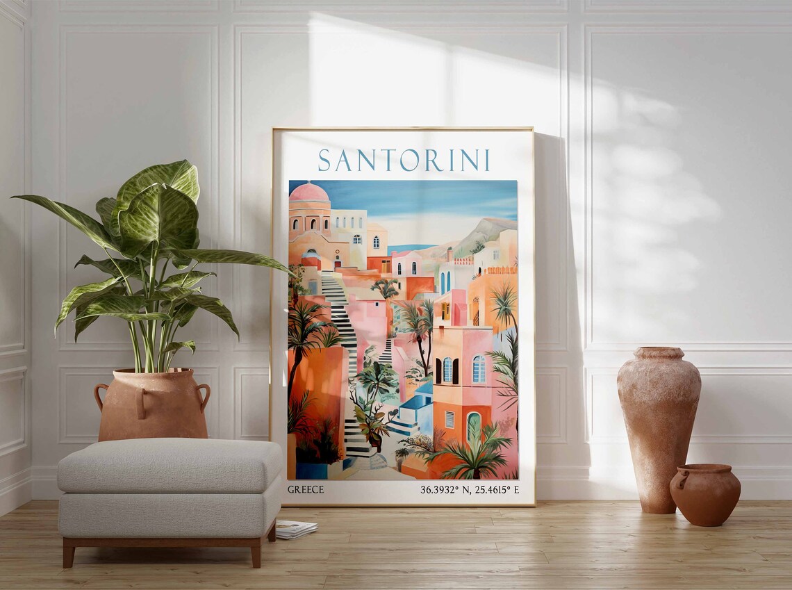 Santorini Pink Village Stairs Red Dome Palms Watercolor Travel Poster - Image 2