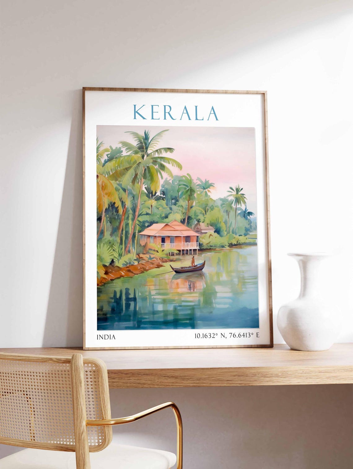 Kerala India Backwater Houseboat Palms Canoe River Travel Poster