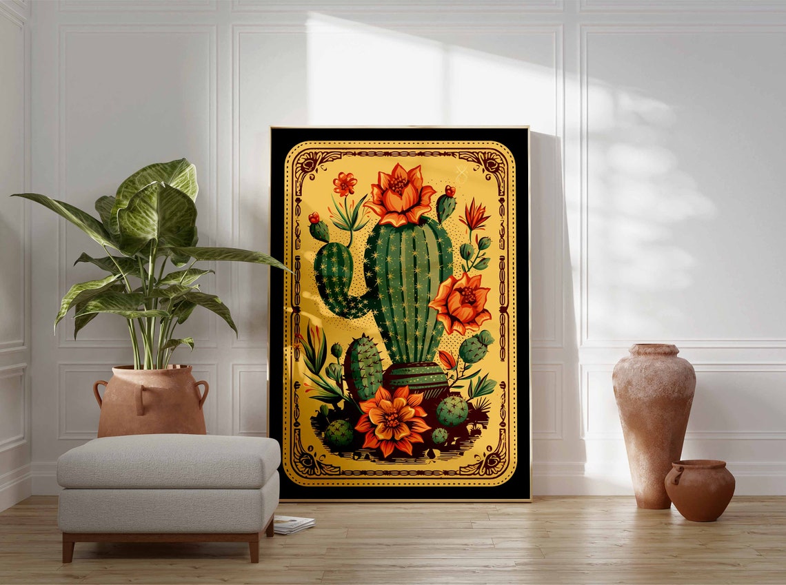 Blooming Cactus Orange Flowers Gold Ornate Border Mexican Poster - Image 3