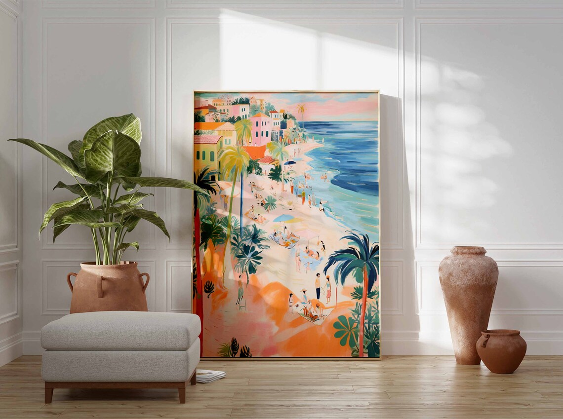 Aerial Busy Beach Colorful Hillside Teal Sea Summer Day Poster - Image 3