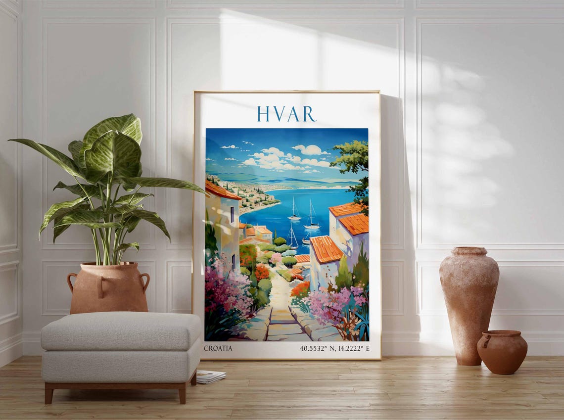 Hvar Croatia Island Harbor Sailboats Watercolor Travel Poster - Image 3