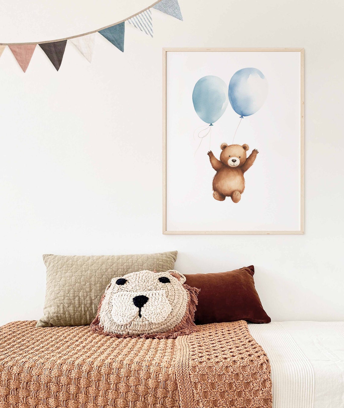 Cute Teddy Bear Floating with Two Blue Balloons Nursery Poster - Image 3