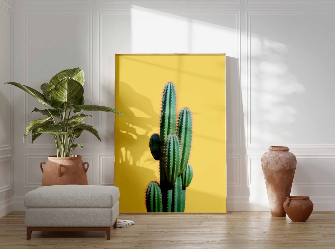 Minimalist Single Columnar Cactus on a Solid Yellow Background Poster - Image 3