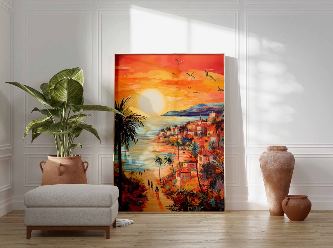 Coastal Town Sunset Beach Palm Trees Warm Sky Painting Poster - Image 3