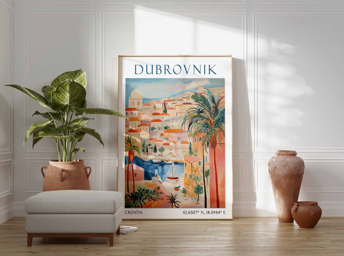 Dubrovnik Old Town Harbor with Palm Trees Croatia Poster Art - Image 2
