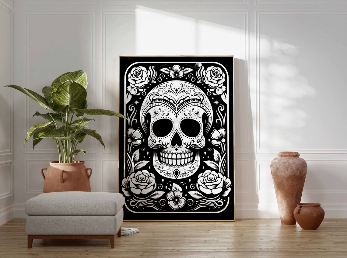 Black and White Sugar Skull Roses Decorative Border Wall Art - Image 3