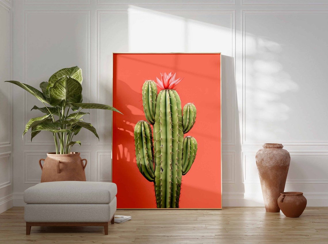 Columnar Cactus with a Single Pink Blossom on Coral Orange Poster - Image 3
